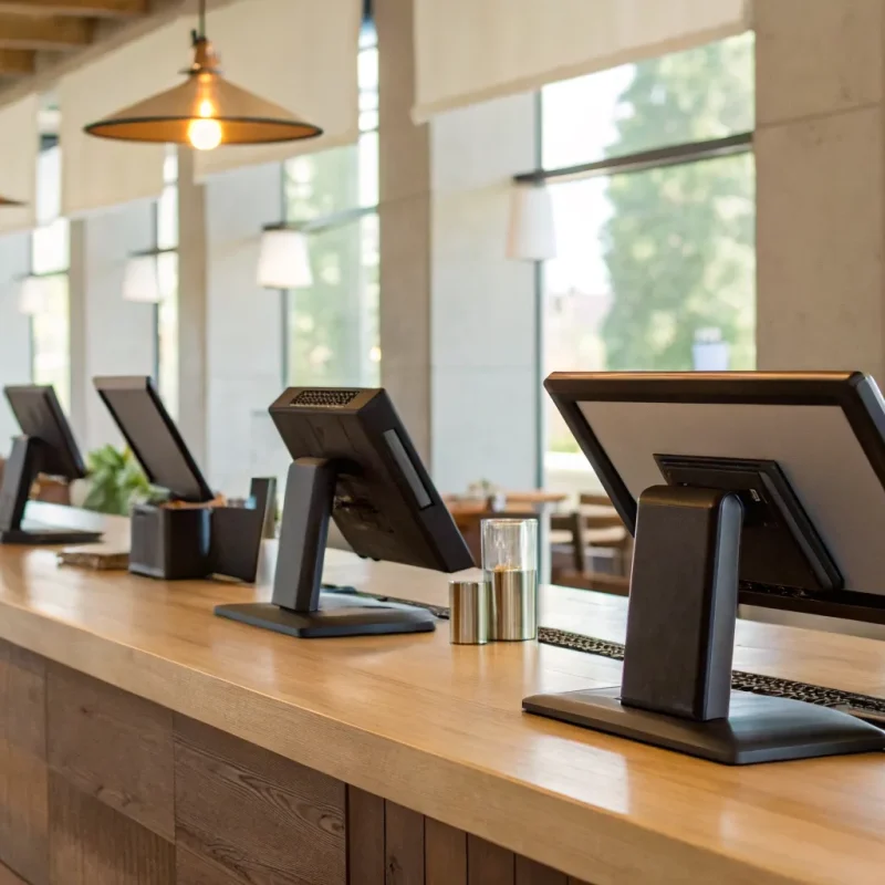 A small restaurant POS system with a touchscreen on a service counter.