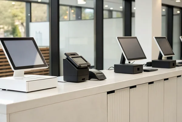 A modern POS system on the counter of a small retail shop.