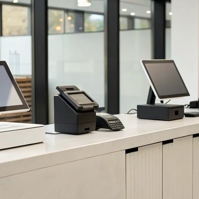 A modern POS system on the counter of a small retail shop.