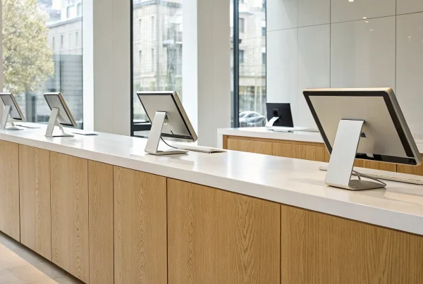 A modern small business retail POS system with a touchscreen terminal on a counter.