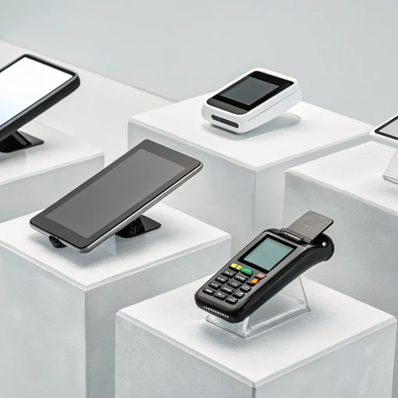 A selection of mobile POS system hardware and payment terminals.