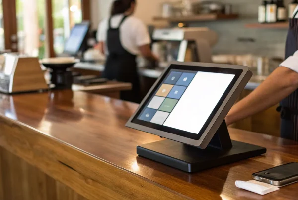 A restaurant staff member using a POS system software on a counter to manage orders.