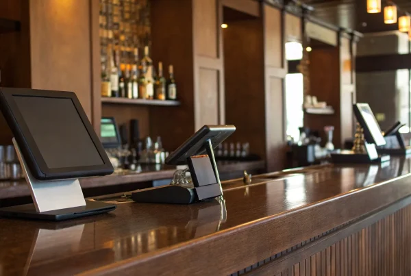 A bar's point of sale system on a wooden counter with liquor bottles on display.