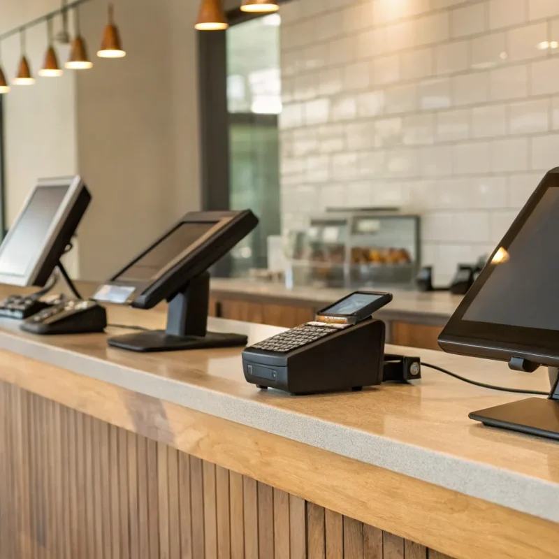 A modern counter with the best POS system for a small restaurant.