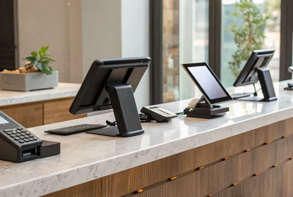 A modern POS terminal on a counter, one of the best retail system options available.
