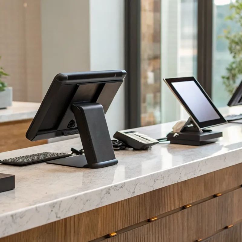 A modern POS terminal on a counter, one of the best retail system options available.