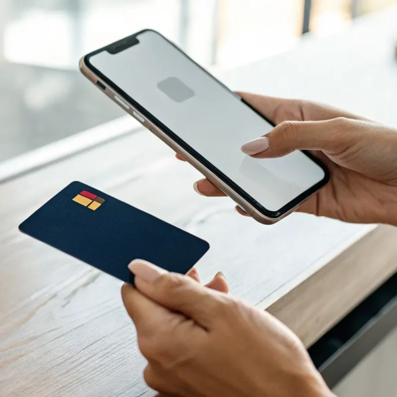 A person accepting a credit card payment using their phone.