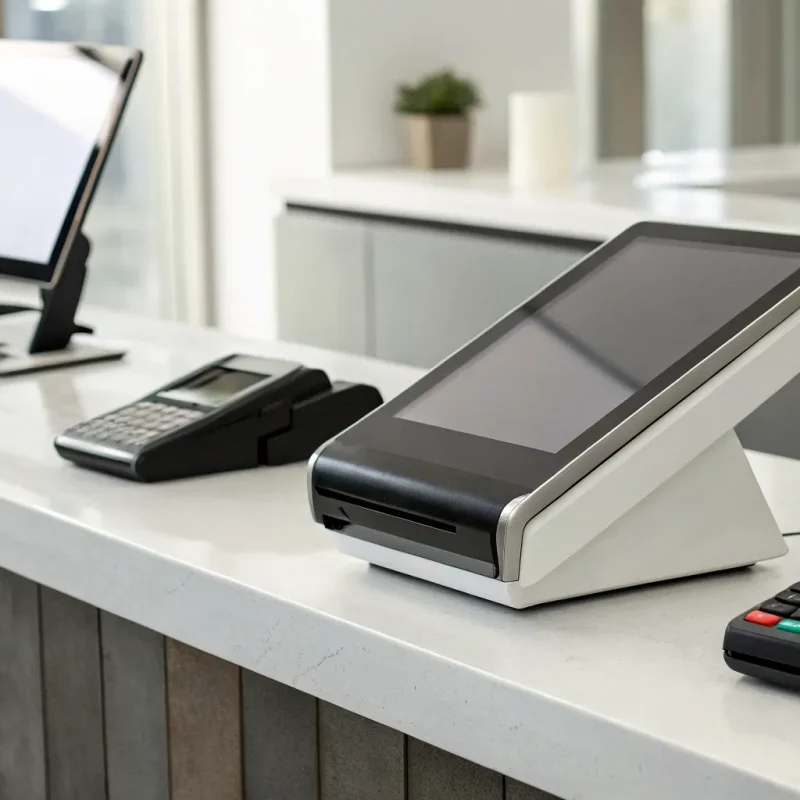 Payment terminal machine on a retail counter next to a POS system.