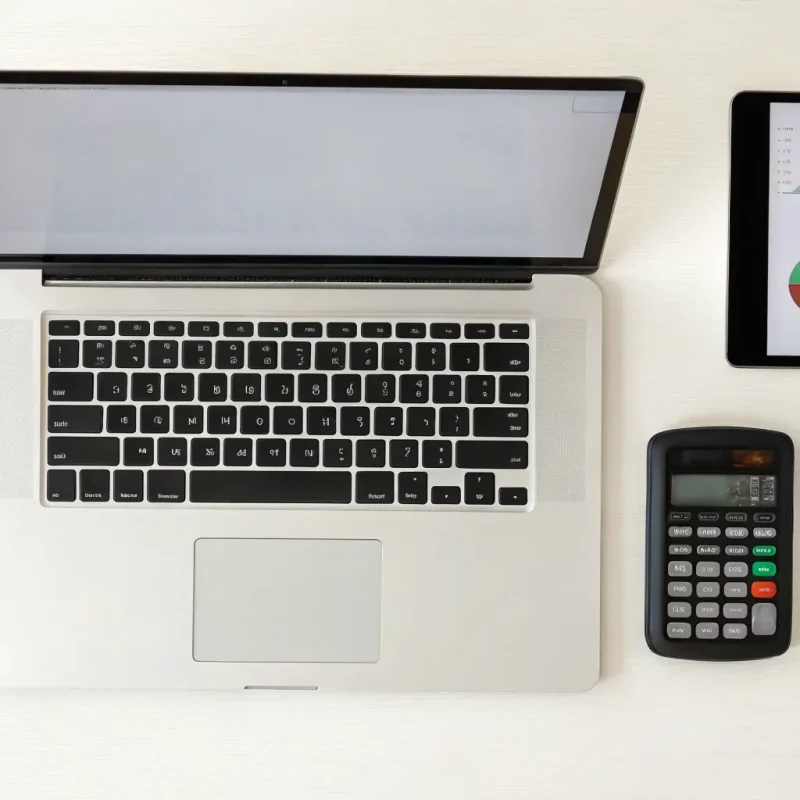 A desk with a laptop and charts for finding the best merchant account for a small business.