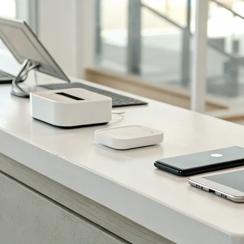 A modern wireless credit card reader processing a contactless payment.