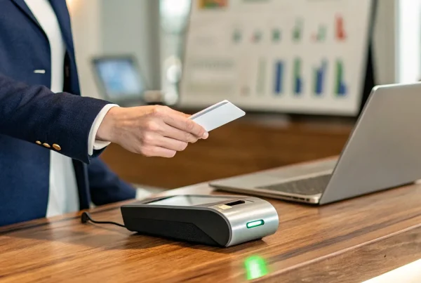 A merchant uses a card reader to process a customer's payment with a merchant account.