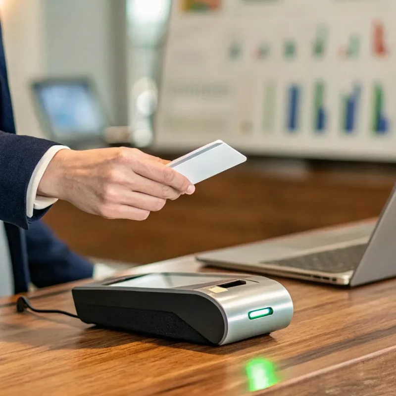 A merchant uses a card reader to process a customer's payment with a merchant account.