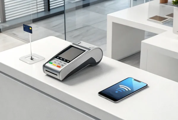 A merchant account processing a customer's credit card payment on a POS terminal.
