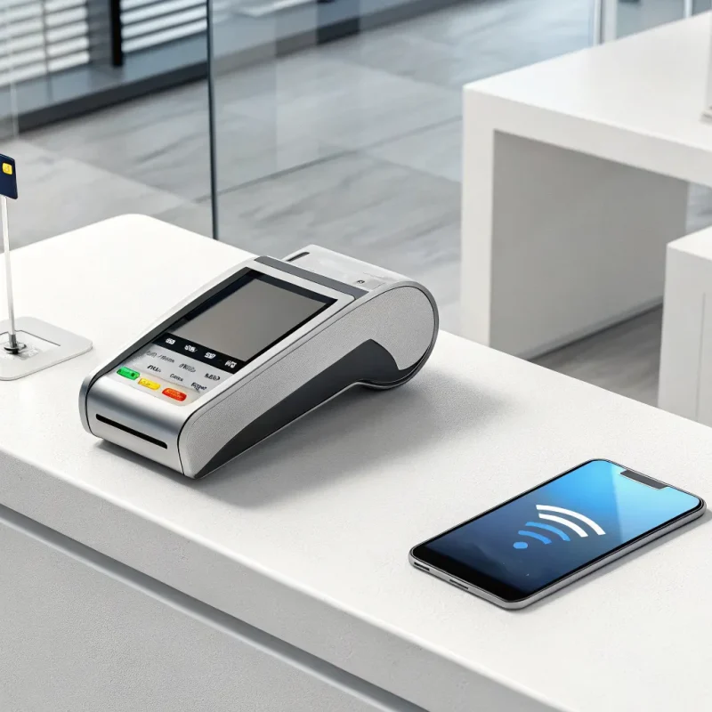 A merchant account processing a customer's credit card payment on a POS terminal.
