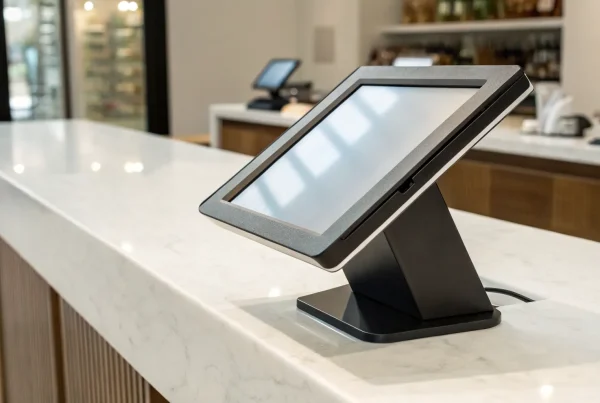 A payment terminal machine on a countertop processing a secure contactless payment.