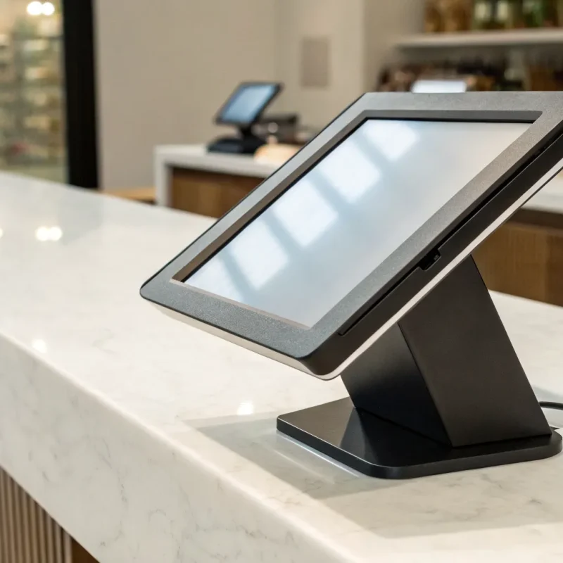 A payment terminal machine on a countertop processing a secure contactless payment.