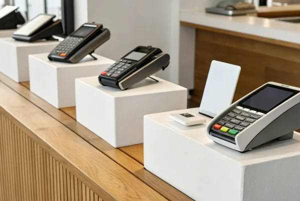 A variety of the best credit card terminals for small business on a checkout counter.