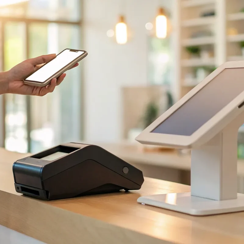A small business accepts a contactless payment using their merchant account.