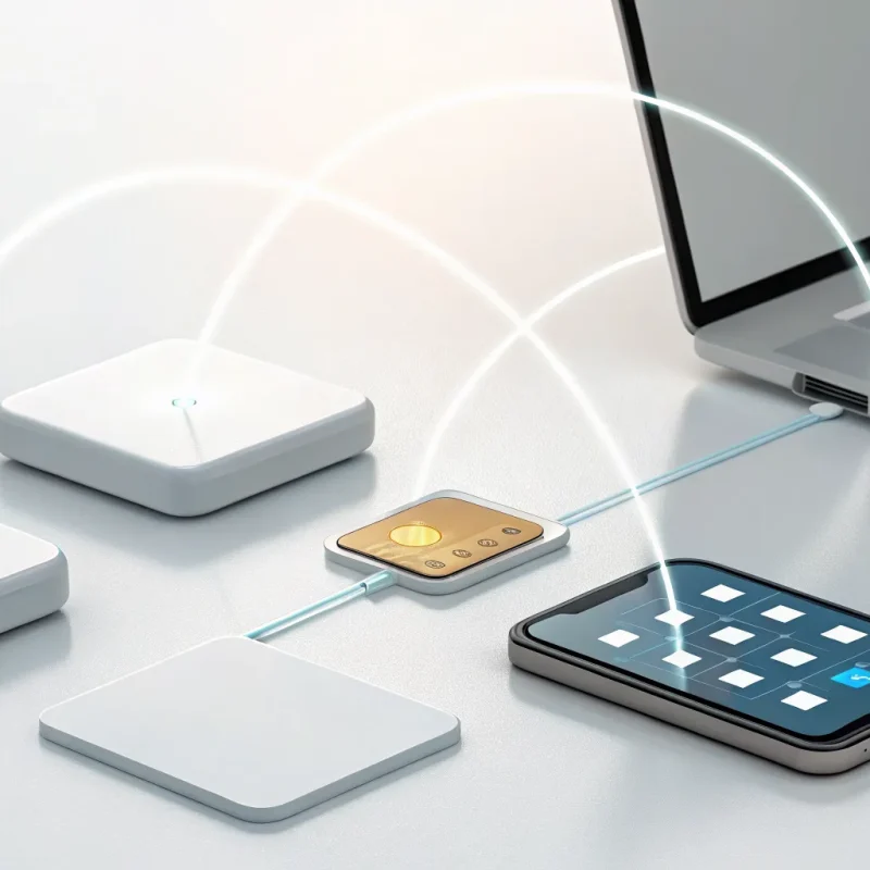 A payment gateway connecting a laptop and smartphone to securely process an online transaction.