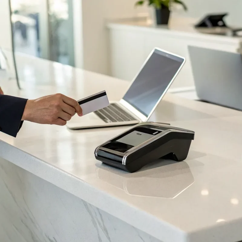 A merchant uses a card processor to accept a credit card payment into their merchant account.