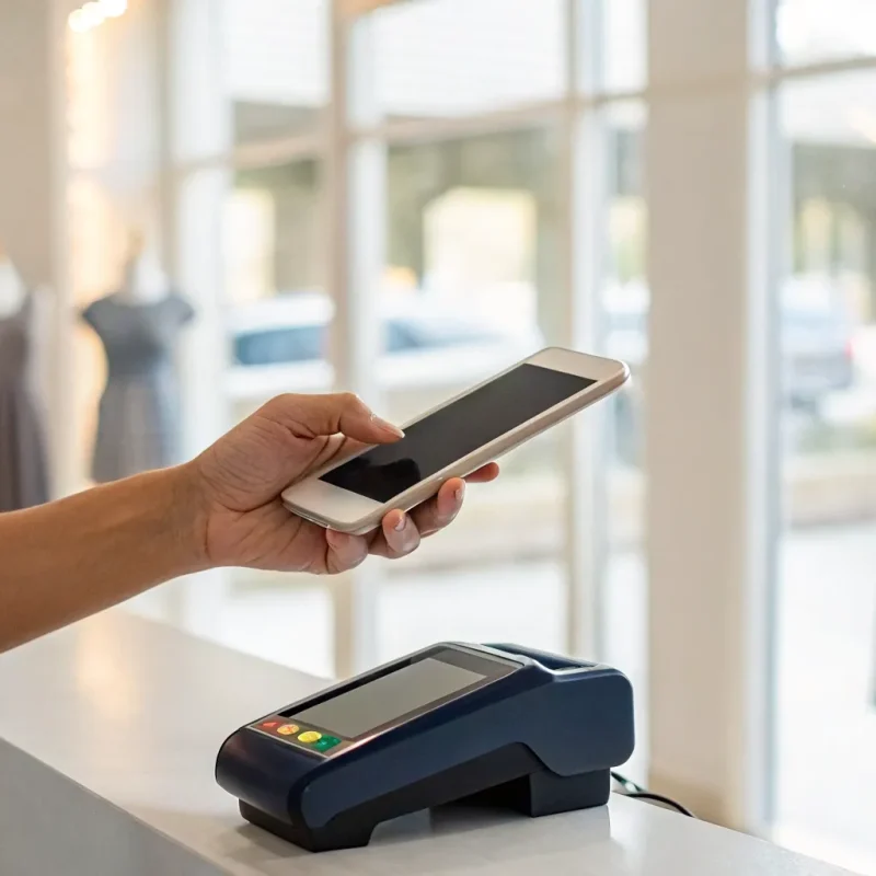 A customer completes a tap to pay transaction by tapping their card on a merchant's iPhone.