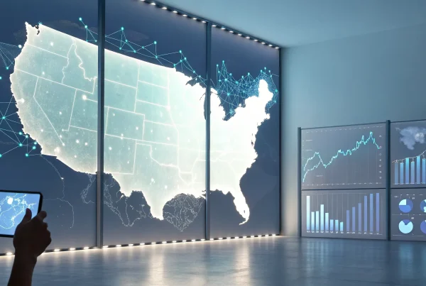 Data charts analyzing the top 10 payment gateways in the USA on a digital map.